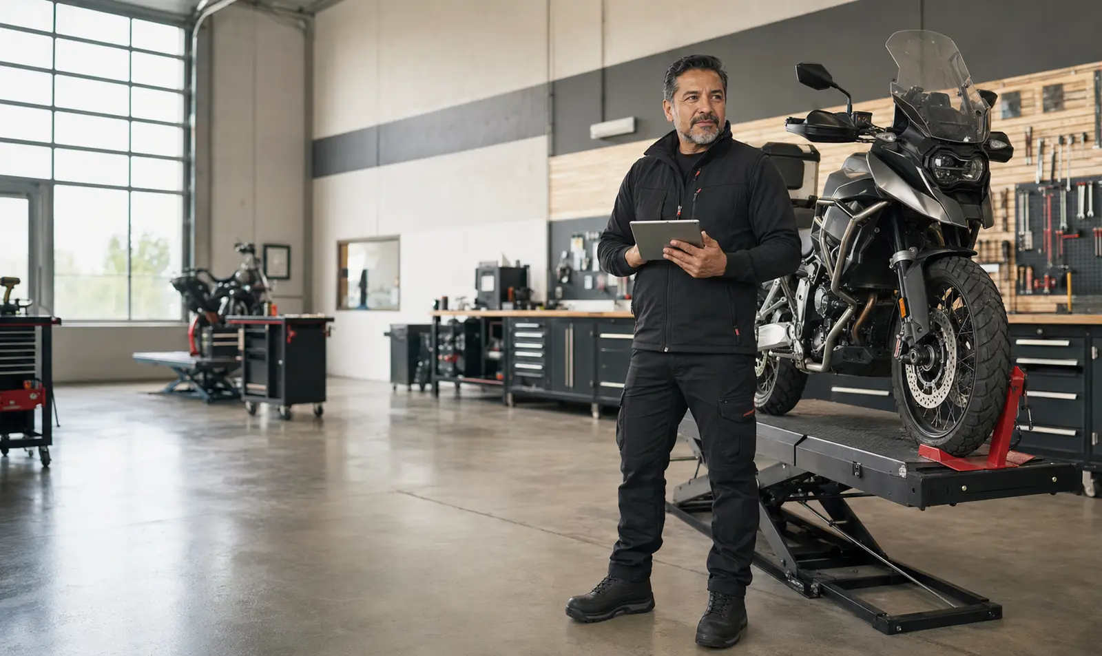 Jefe de taller gestionando una motocicleta desde una tablet