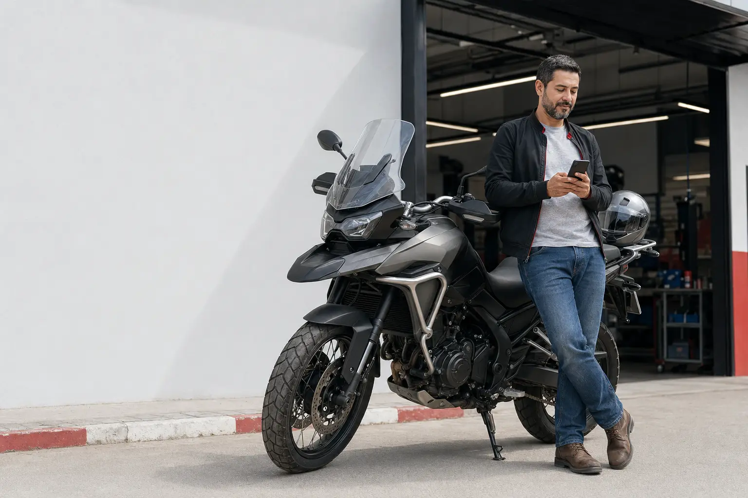 Cliente de un taller revisando información de su motocicleta en el celular